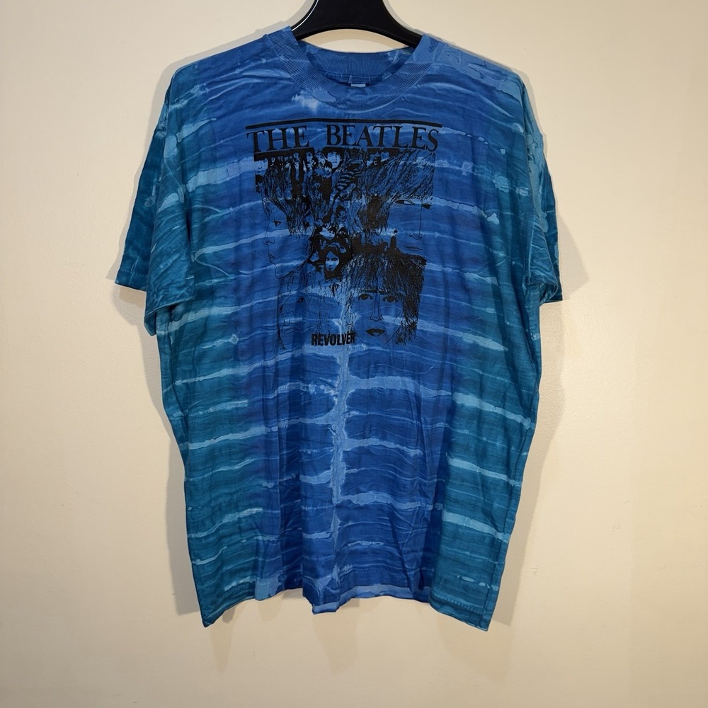 the beatles Crew Neck T-shirt Liquid Tye Die Blue Size L Cotton Rock Concert